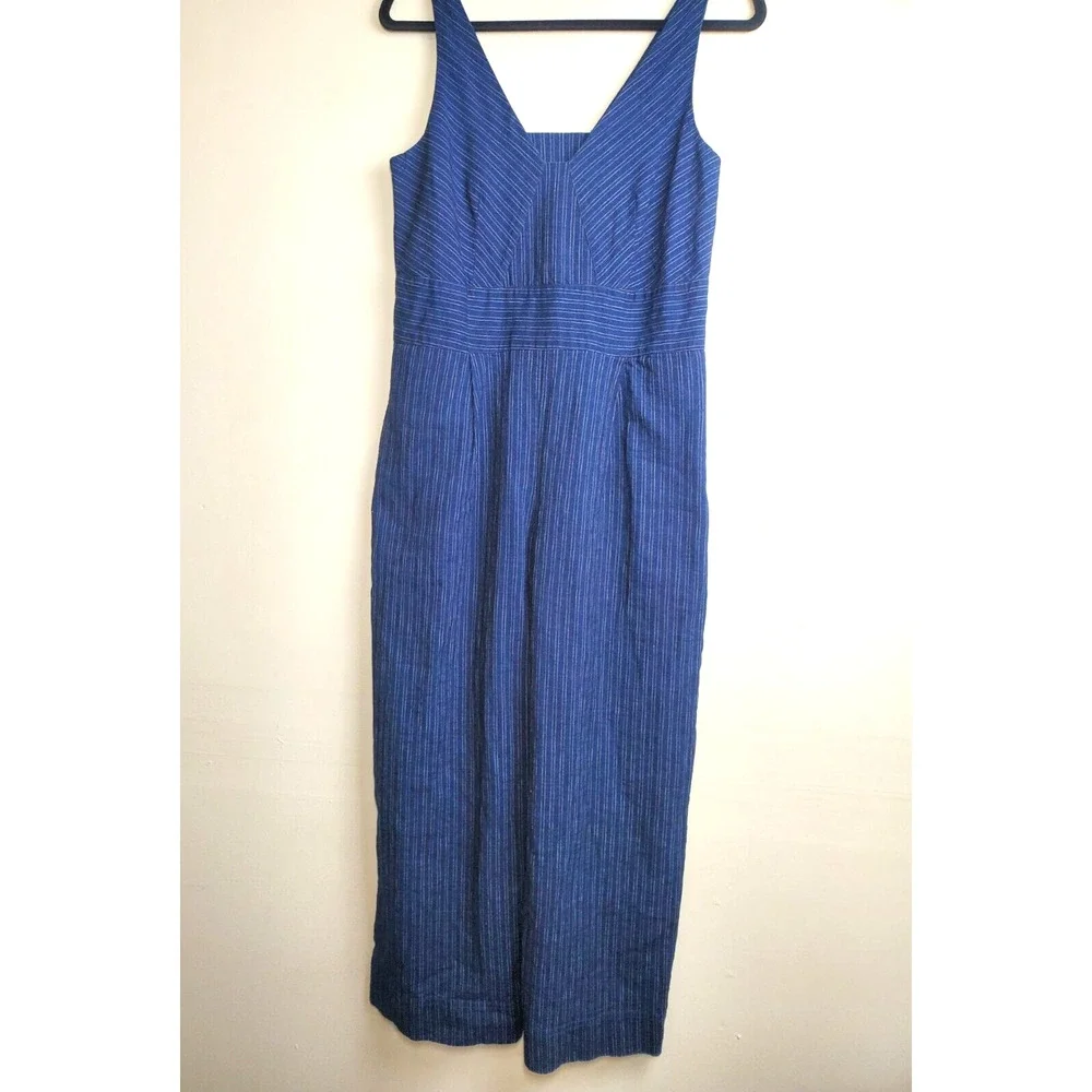 Banana Republic Womens 2 Jumpsuit Wide-Leg Crop Linen Pockets Indigo‎ Striped